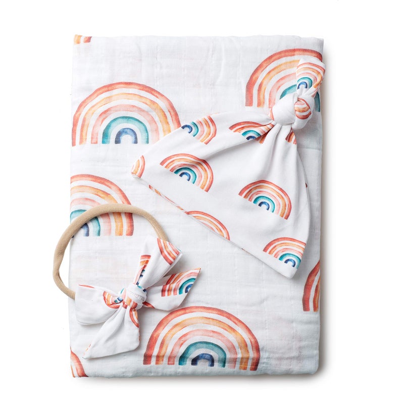 Miaoberry Organic Muslin Baby Swaddle Blanket and Hat Set Newborn Unisex Neutral Boy Girl| Boho Rainbow |Photo Props Birth Announcement Card - Image 1